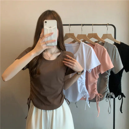 Drawstring Short Sleeve T-shirt Women Spring Summer Spicy Style Slim Fit Short Unique Top M L Xl 2XL Korean Casual Style - AMULET RING STORE