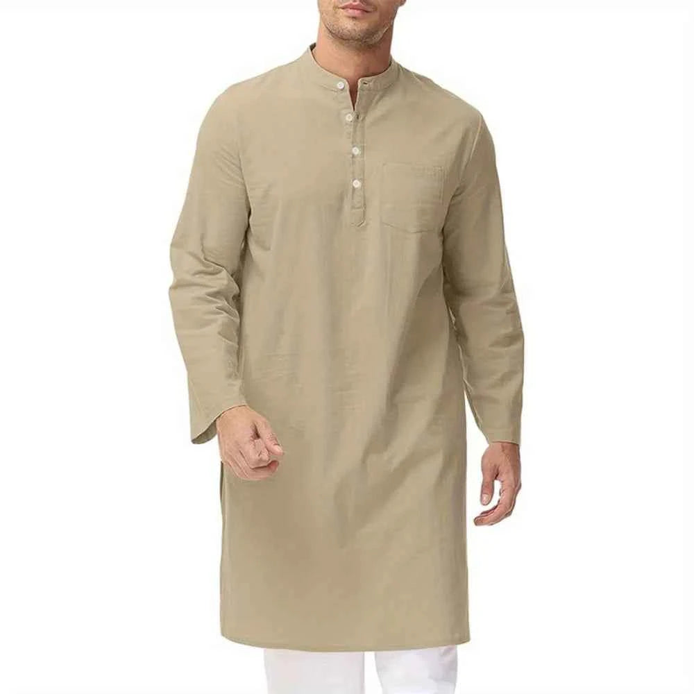 Inheritance of Ethnic Culture! Men's Long-Sleeve Thobe with Side Slits and Buttons, Classic Style of Traditional Ethnic Clothing