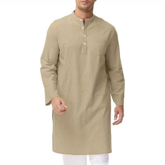 Inheritance of Ethnic Culture! Men's Long-Sleeve Thobe with Side Slits and Buttons, Classic Style of Traditional Ethnic Clothing
