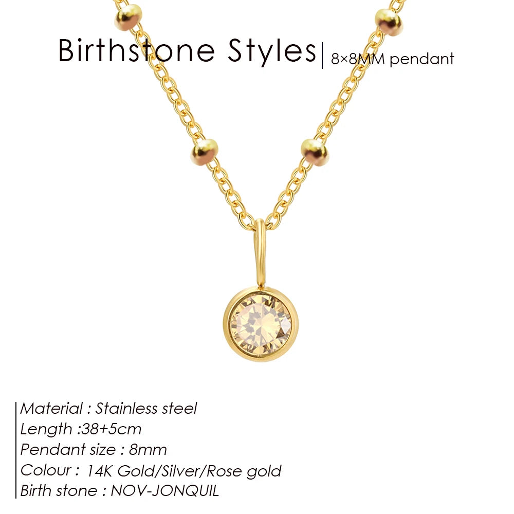 Stainless Steel Birthstone Necklace Beaded Chain Zirconia Pendant DIY Necklace Constellation Birthday Gift Jewelry Wholesale