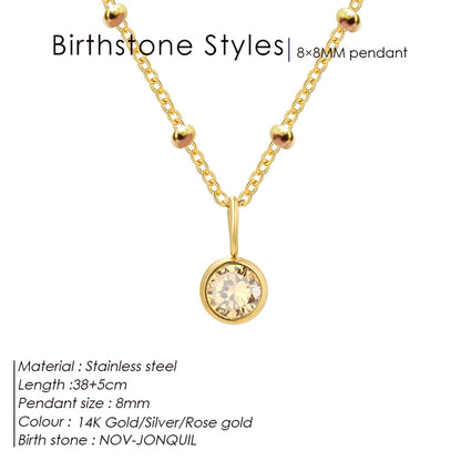 Stainless Steel Birthstone Necklace Beaded Chain Zirconia Pendant DIY Necklace Constellation Birthday Gift Jewelry Wholesale