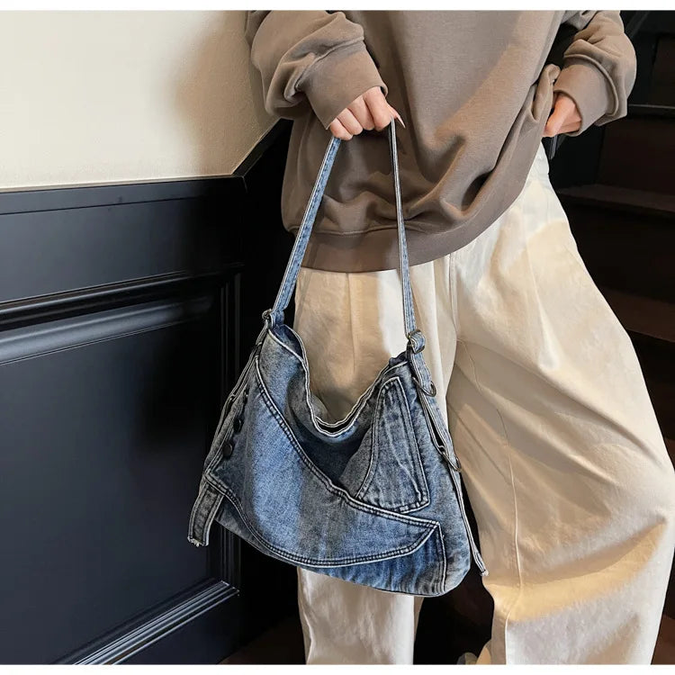 2025 New Women's Denim Tote Bag - Retro Crossbody Shoulder Bag with Large Capacity for Work & Commute, Fashionable Denim Handbag