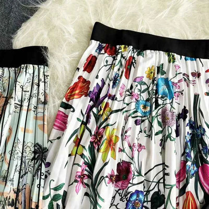 Autumn Skirts Womens New Vintage Floral Print Pleated Skirt Elastic High Waist Casual Midi Skirt Women Clothes Jupe