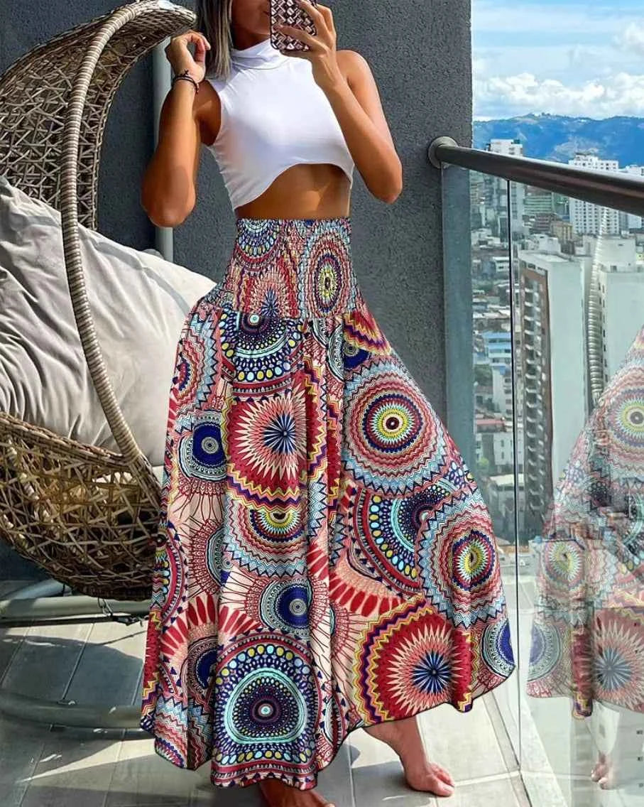 Fashion Cotton Women Floral Print Skirt Side Tie Beach Skirts Summer High Waist Wrap Flower Long Skirt