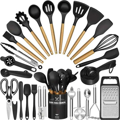 44PCS Silicone Kitchenware Non-Stick Cookware Kitchen Utensils Set Spatula Shovel Egg Beaters Wooden Handle Cooking Tool Set