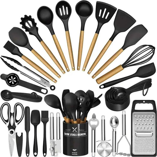 44PCS Silicone Kitchenware Non-Stick Cookware Kitchen Utensils Set Spatula Shovel Egg Beaters Wooden Handle Cooking Tool Set