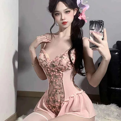 Sexy Deep V Flower Vine Open Crotch Bodysuit Suspender Embroidery Ballet Nightdress Slim Gathered Mesh Bodycon