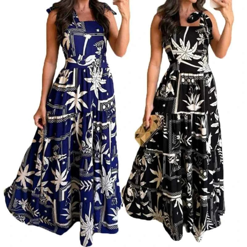 Women Fashion Floral Print Dress Casual Spaghetti Strap Sleeveless Loose Dresses Robe Femme Elegant Party Womens Clothing Summer