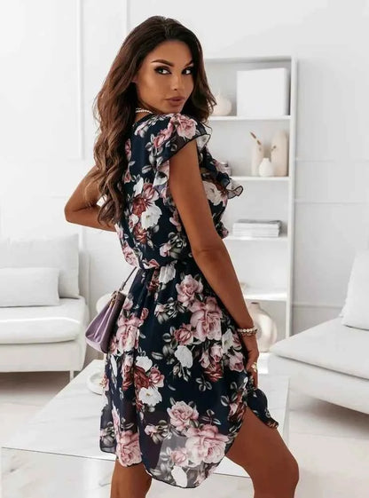 Summer Fashion Floral Printed Long Dress Ladies Sleeveless Elastic Waist Beach Dress 2025 Women V-Neck Pleated Chiffon Cover-Ups