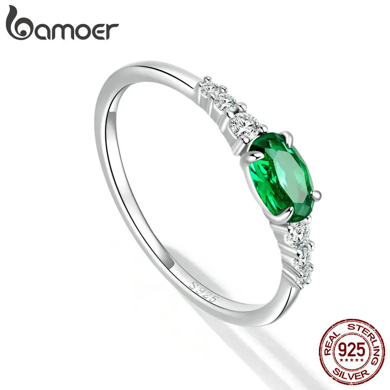 BAMOER 925 Sterling Silver Oval Gemstone Ring for Women Green Pink Zirconium Prongs Setting Ring Wedding Bridal Jewelry Gift
