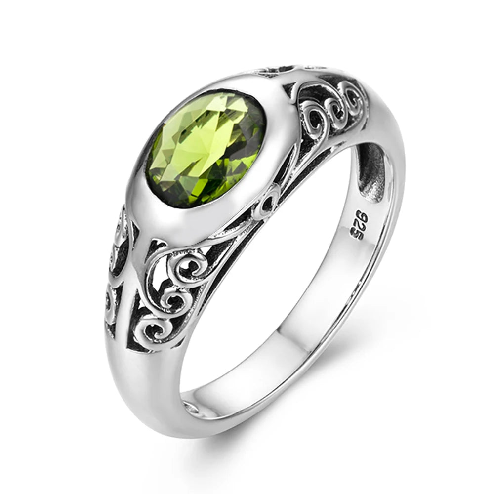 Retro Real 925 Sterling Silver Peridot Rings For Women 6*8mm Oval Gemstones Wedding Enagement Famous Brand Jewelry