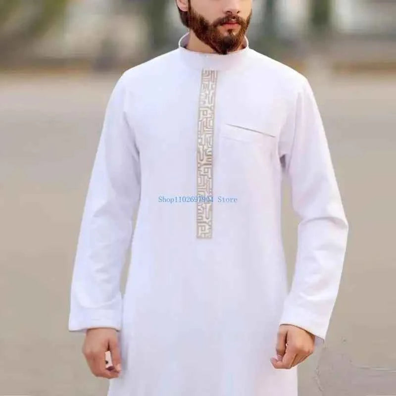 N7YF Mens Robe Muslim Clothes Loose Neck Arab Middle Durable Kaftan Muslim Thobe Dubai Long Sleeve Gown Ethnic Clothes