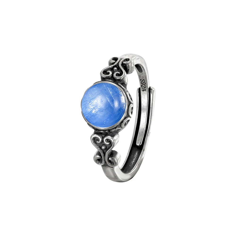 Retro 925 Silver Blue Crystal Ring, Natural Crystal Women's Ring Jewelry, Elegant Retro Ring Bohemian Style, Adjustable Size - AMULET RING STORE