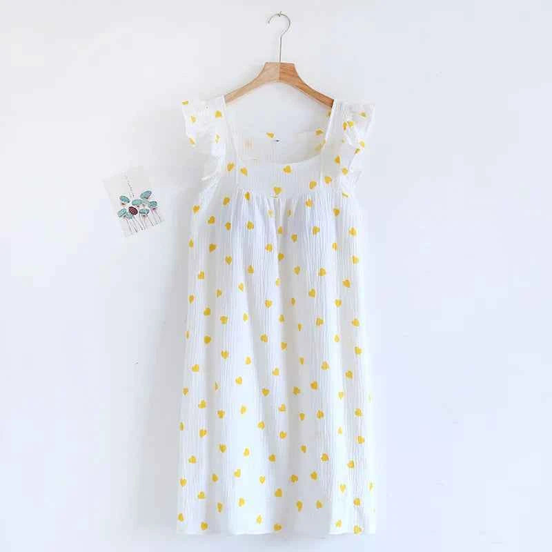 2025 Summer Women's New Sleeping Skirt 100% Cotton Crepe Wood Ear Edge Tank Top Skirt Love Belt Chest Cushion Home Dress Ladies