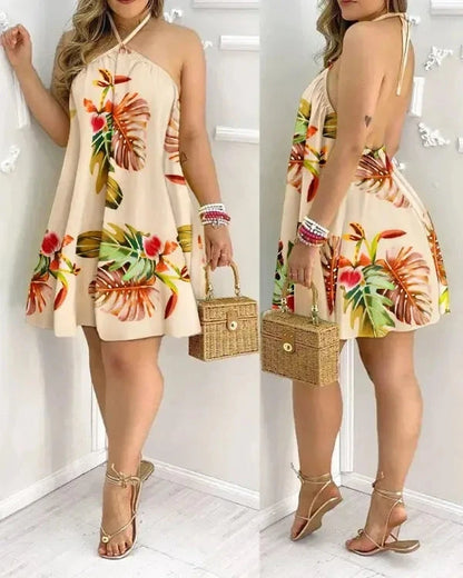 Tropical Print Halter Neck Dress, Vacation Style Backless Dress For Spring & Summer, Women's Clothing - AMULET RING STORE