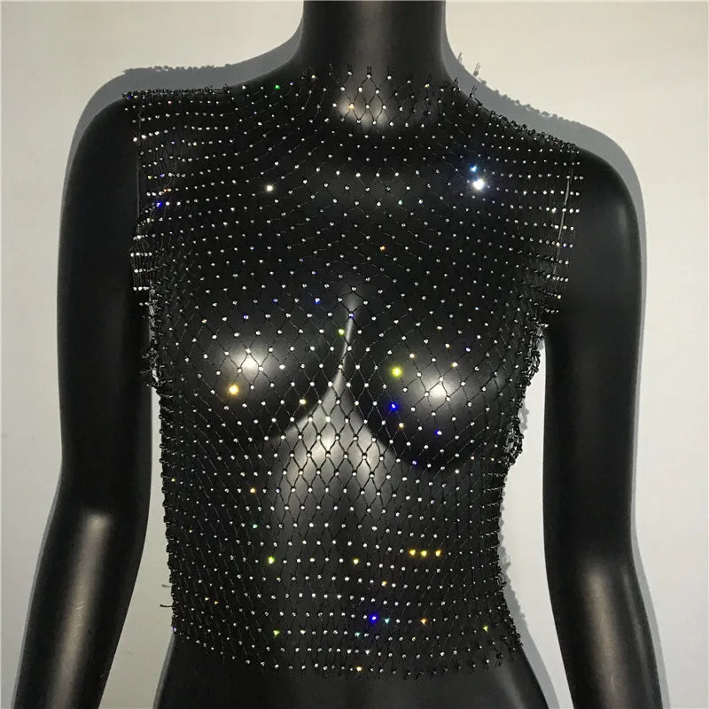 Women's Fishnet Rhinestone Crop Top 2024 Summer Sexy Mesh High Elastic Black White Shirt Net See Through Rave Diamond Tank Top - AMULET RING STORE