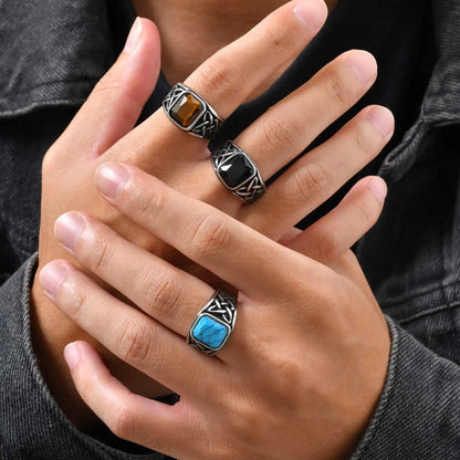 Punk Viking Knot Rings for Men,Vintage Square Natural Stone Signet Ring,Retro Ethnic Rock Jewelry Gift