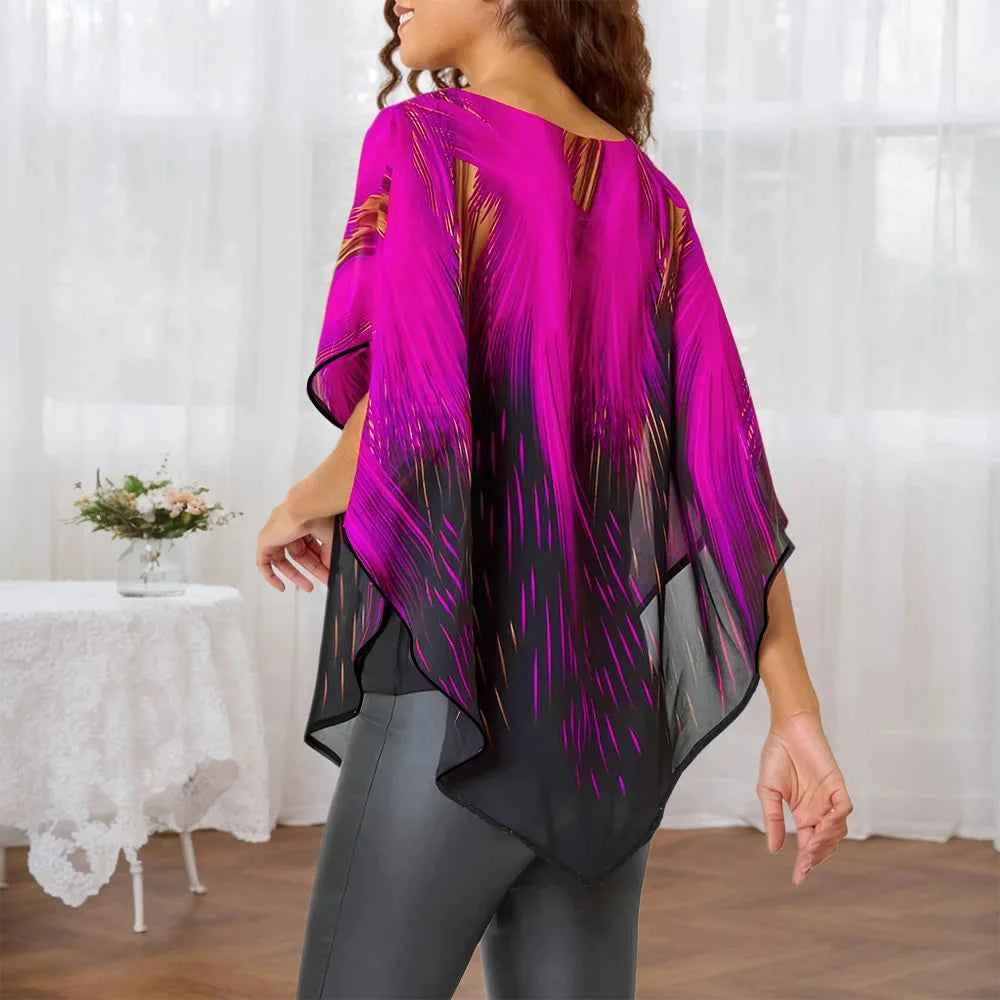 Plus Size Women's Aurora Printed Gauze Cloak Sleeve Blouse Tunic Tops Ladies Summer Casual Loose T Shirts Tee XL 2XL 3XL 4XL 5XL