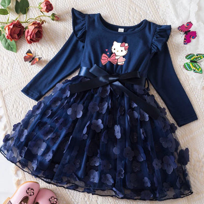 Hello Kitty Autumn Dress for Kid's Casual Clothes 3D Butterfly Cute Long Sleeve Baby Girls Princess Dress Party Dresses 2-6 Yrs