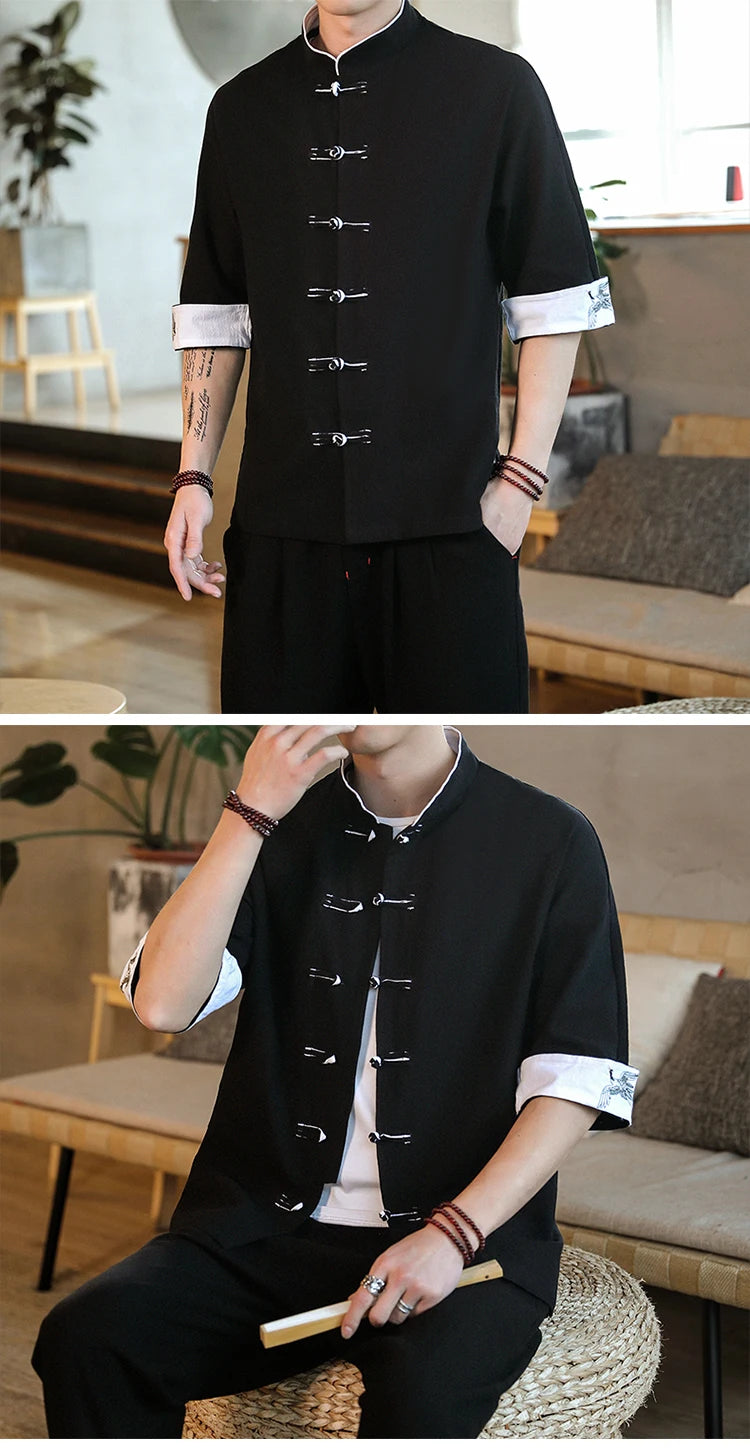New Crane Embroidery Top Traditional Chinese Clothing for Men Vintage Half Sleeve Linen Shirts Solid Madarin Collar Hanfu Kungfu