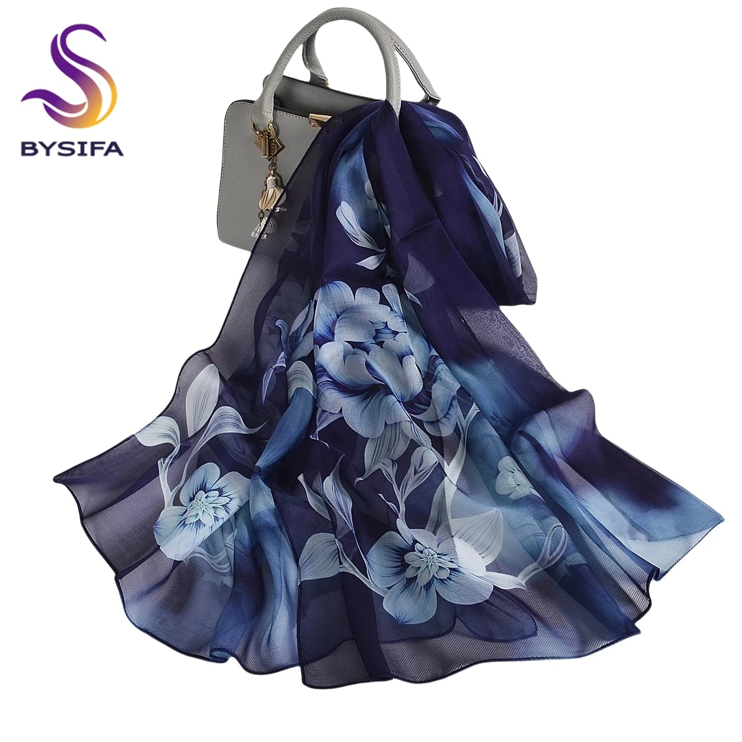 [BYSIFA] Women Chiffon Pure Silk Scarf Cherry Blossom Floral Design Long 100% Silk Shawl Scarf Purple Pink Silk Scarves Echarpes