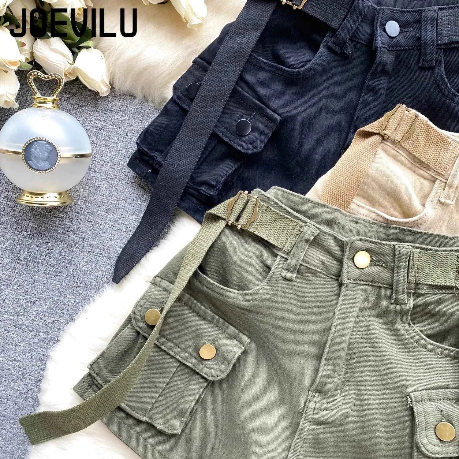 Women's Summer High Waisted Stretchy Denim Shorts Korean Cargo Style Slim Fit Ultra Short Hot Pants with Large Pockets for Dance