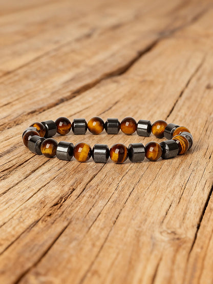 Hematite & Red Tiger's Eye Bracelet Men Natural Stone Cylinder Bead for Energy Protection Reiki Charm Courage Jewelry Women Gift