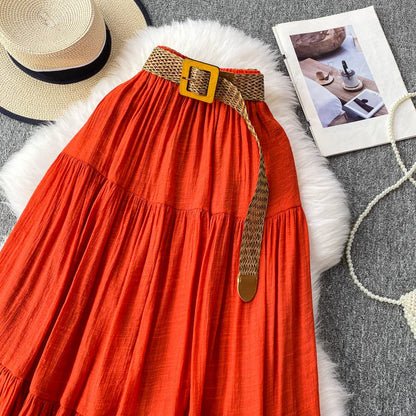 White High Waist A-Line Midi Skirt Women's Summer Casual Flared Cake Skirt Korean Sle Baking Poer Skirt for Young Women