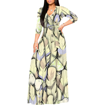 Floral V-Neck 3/4 Sleeve Wrap Maxi Dress with Belt - Women's Bold Elegant Party Evening Resortwear Date Night
