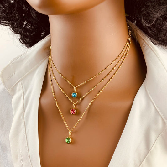 Stainless Steel Birthstone Necklace Beaded Chain Zirconia Pendant DIY Necklace Constellation Birthday Gift Jewelry Wholesale