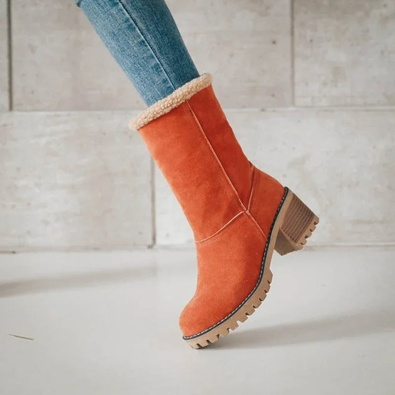 Autumn and Winter Fashion New Casual Comfortable Plus Velvet Warm Square Heel Round Toe Solid Color Women's Ankle Boots - AMULET RING STORE