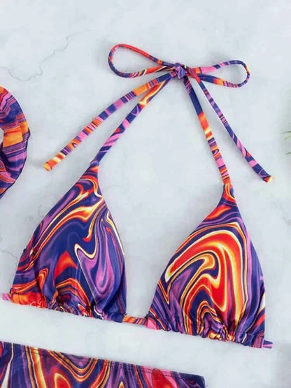 2024 New Wave Print Swimsuit Sexy Bathing Suits 4 Piece Bikinis Beach Sarong Micro Thong Swimwear Women Beachwear