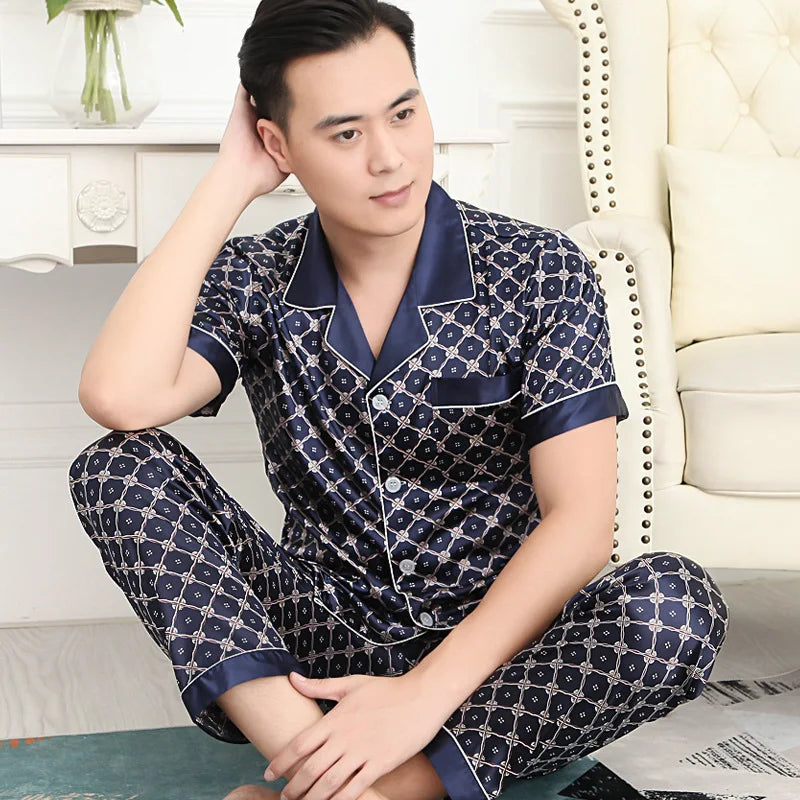 High Quality Pajamas Set Men Spring Autumn Thin Polyester Ice Silk Long-sleeved Sleepwear Plus Size Summer Home Clothes Male
