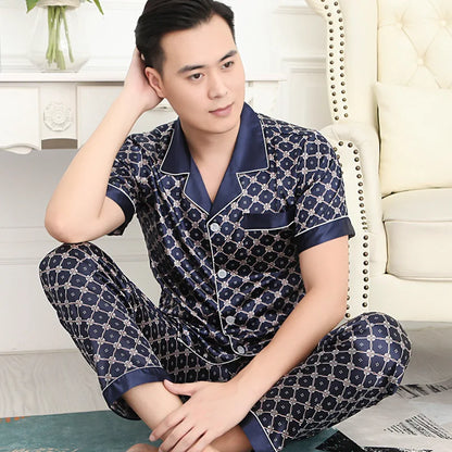 High Quality Pajamas Set Men Spring Autumn Thin Polyester Ice Silk Long-sleeved Sleepwear Plus Size Summer Home Clothes Male
