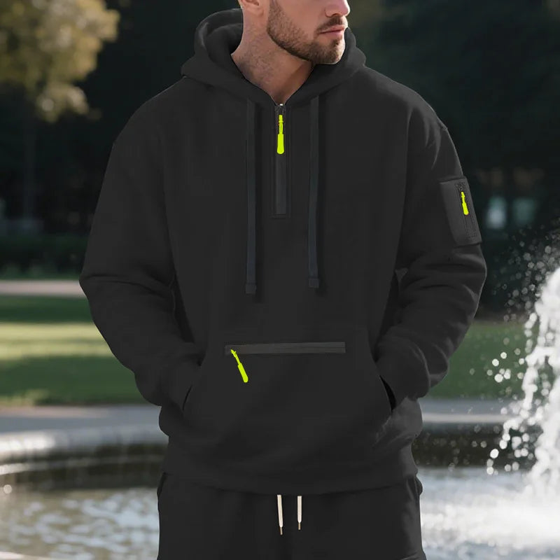Men's Hooded Fleece Pullover Sporty Casual Jacket European American Style Autumn Winter Warm Comfortable Men's Outerwear