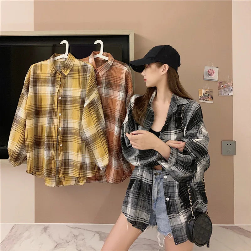 Plaid Shirt Women Spring Long Sleeve Top Female Vintage OL Fashion Single Breasted Blouse Ladies Preppy Style Loose Check Shirts