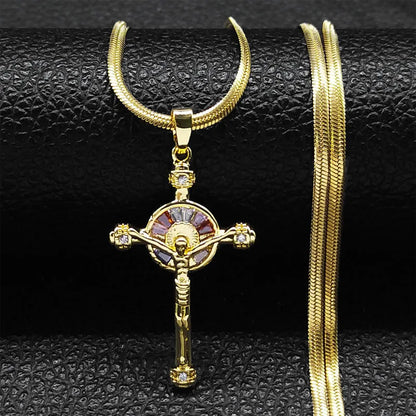 Shiny Hip Hop Zircon Cross Pendant Necklace for Women Stainless Steel Crystal Choker Christian Necklaces Jewelry cruz colgante