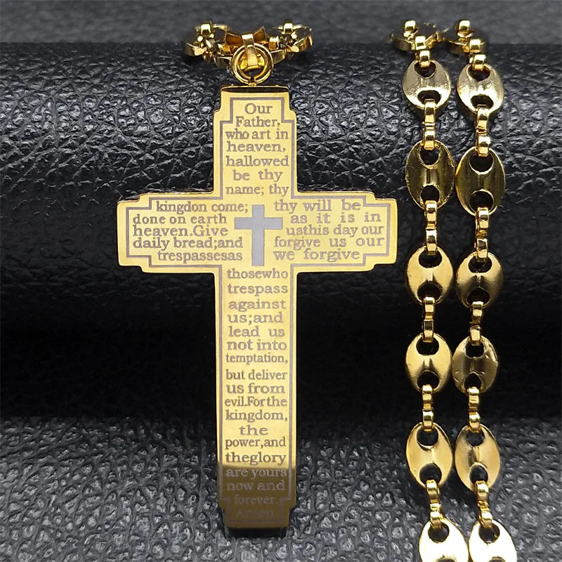 Jesus Cross Crucifix Pendant Necklace for Men Stainless Steel Gold Color Christian Coffee Bean Chain Jewelry croix chrétienne - AMULET RING STORE