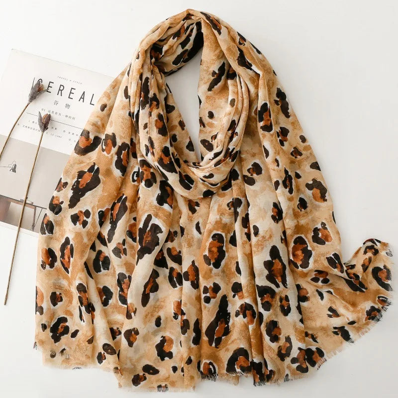 88*180cm Leopard Print Women Viscose Scarf Summer Beach Shawl Cotton Linen Feeling Tassel Pashmina Muslim Hijab Wrap Lady