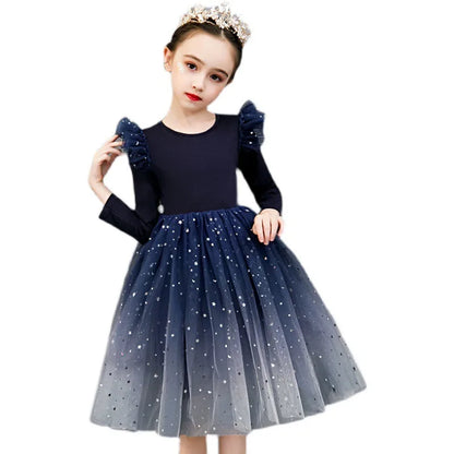 2025 New Red Princess Dress Baby Girls Dress Spring Kids Clothes Dress Party Long-sleeved For Children Dress Rainbow 3-10T