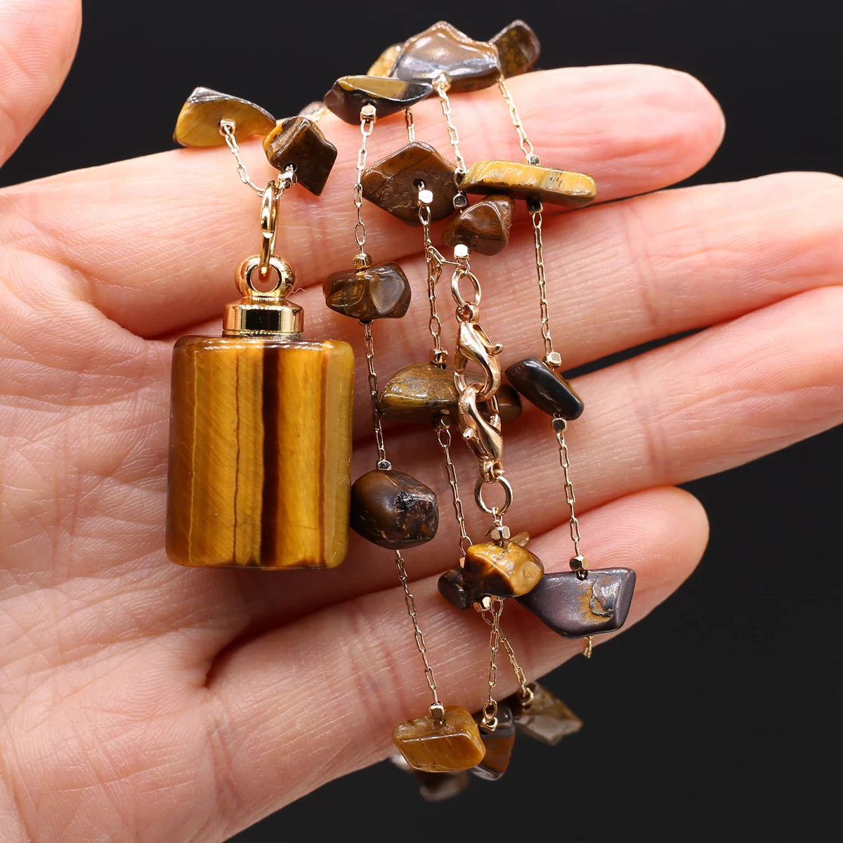 Perfume Bottle Necklace Natural Stone Tiger Eye Perfume Bottle Pendant For Women Christmas Halloween Gift Chain 80cm - AMULET RING STORE