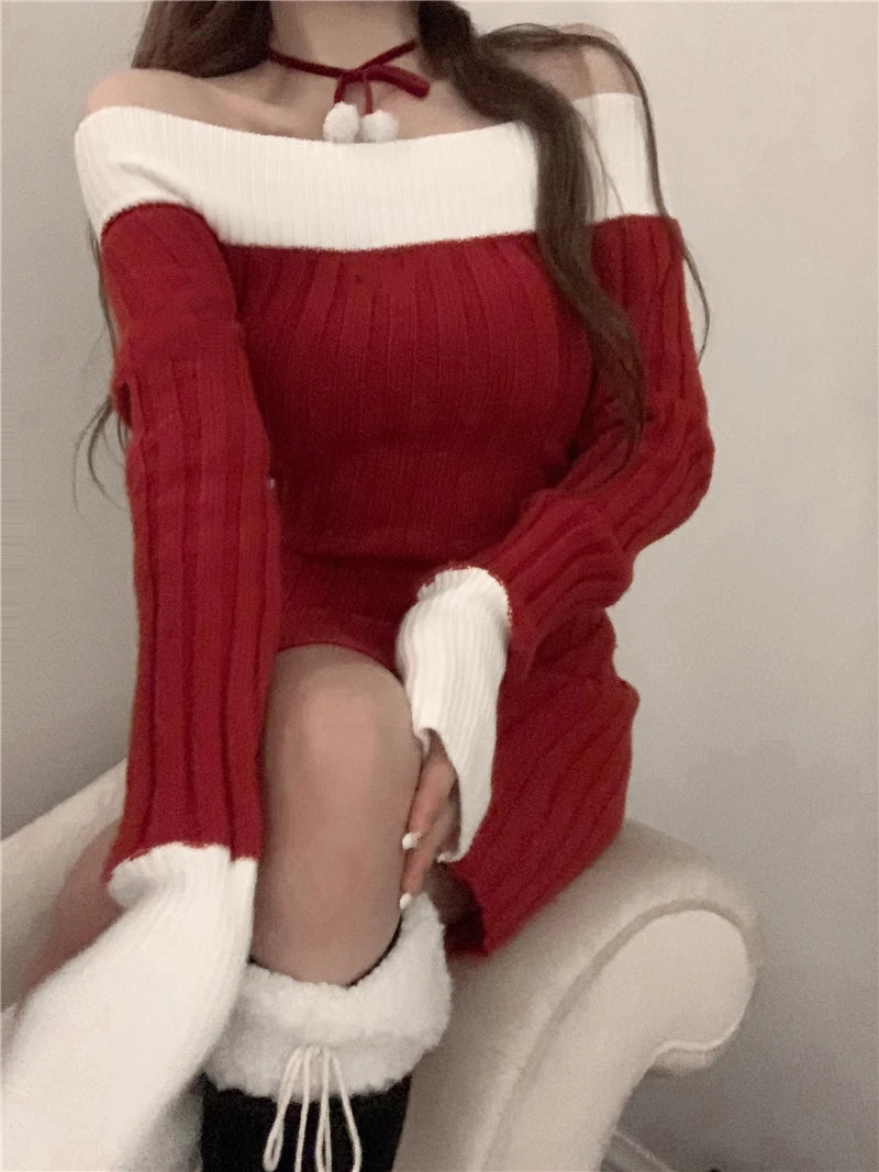 Sexy Red Christmas Dress Women Autumn Winter Korean Style Slash Neck Bodycon Knitted Dresses Female Elegant Y2k Party Mini Dress - AMULET RING STORE