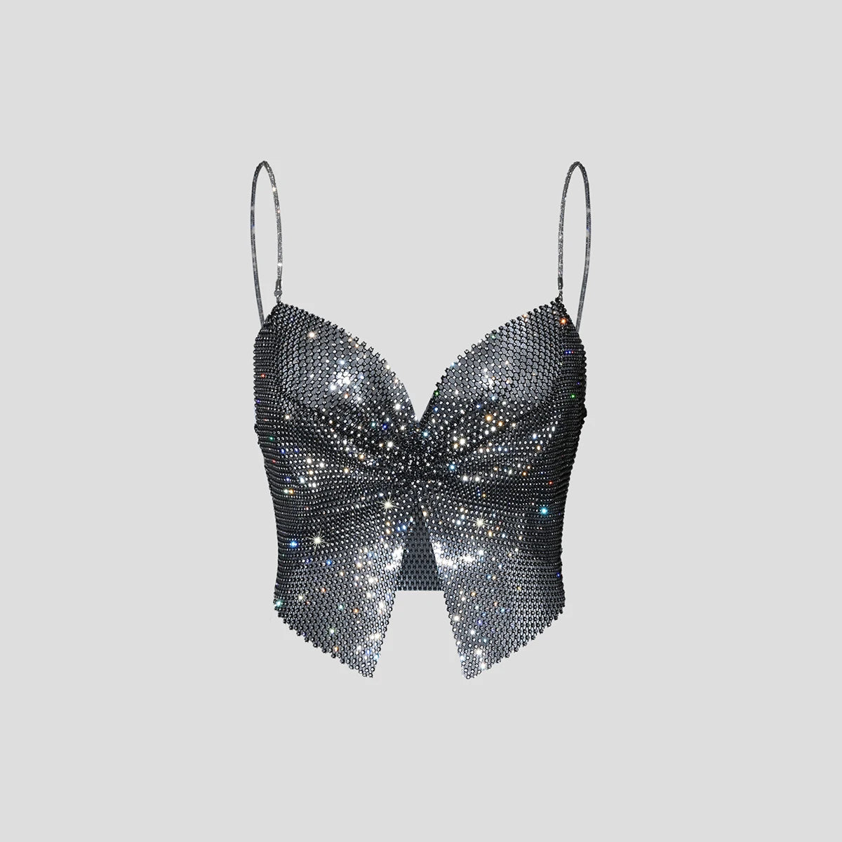 Summer Women Elastic Fishnet Crop Top Glitter Rhinestone Mesh Fine Flash Shoulder Strap V Neck Tank Top Rave Festival Camisole - AMULET RING STORE