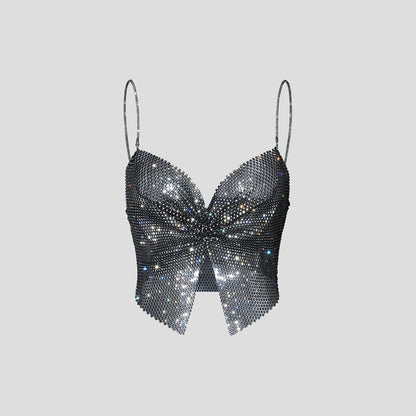 Summer Women Elastic Fishnet Crop Top Glitter Rhinestone Mesh Fine Flash Shoulder Strap V Neck Tank Top Rave Festival Camisole - AMULET RING STORE