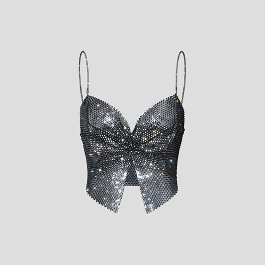 Summer Women Elastic Fishnet Crop Top Glitter Rhinestone Mesh Fine Flash Shoulder Strap V Neck Tank Top Rave Festival Camisole - AMULET RING STORE