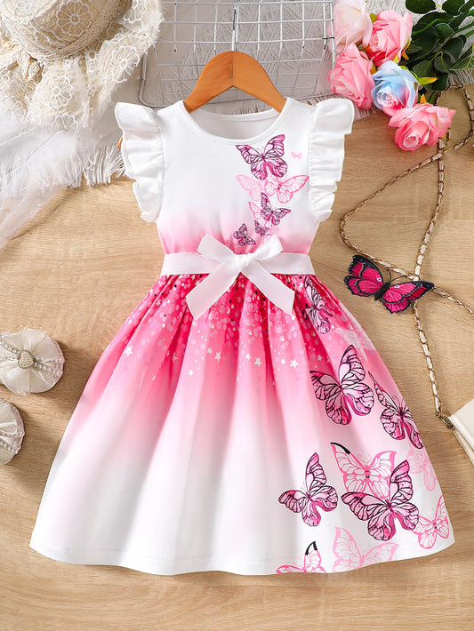 Girls Spring Summer Knitted Casual Fashion Round Neck Fly Sleeve Ruffle Butterfly Dresses