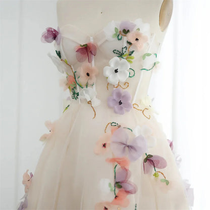 Bella Customized A-Line 3D Flowers robes de soirée Ankle-Length Strapless Evening Dresses Wedding Party V Neck Wedding Dress - AMULET RING STORE