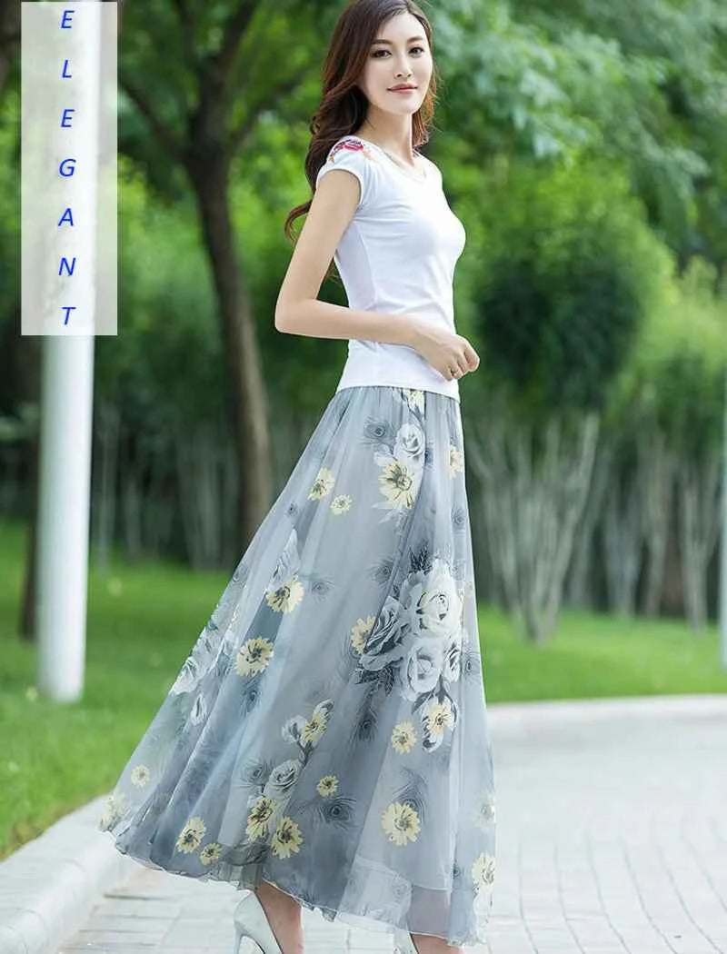 Chiffon Floral Maxi Summer Skirt Women Long High Waist Holiday Dance Skirt Elegant Beach Boho Hot Sale Lady Vintage Girl Fairy