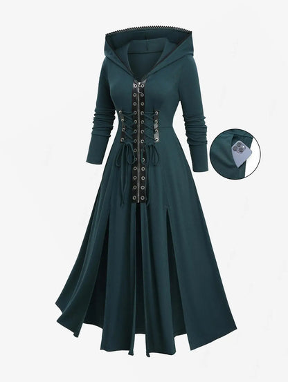 ROSEGAL Plus Size Lace-up Grommets Hooded Lace Trim Split Dress Women Autumn Winter Deep Green Long Sleeves Casual Dresses