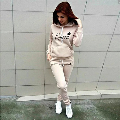 Hot women's 2-piece QUEEN print sports suit sportswear jogging suit women's hooded sportswear suit clothes hoodie+sweatpants - AMULET RING STORE